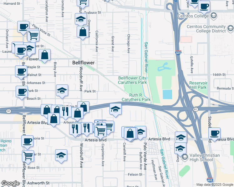map of restaurants, bars, coffee shops, grocery stores, and more near 10416 Park Street in Bellflower
