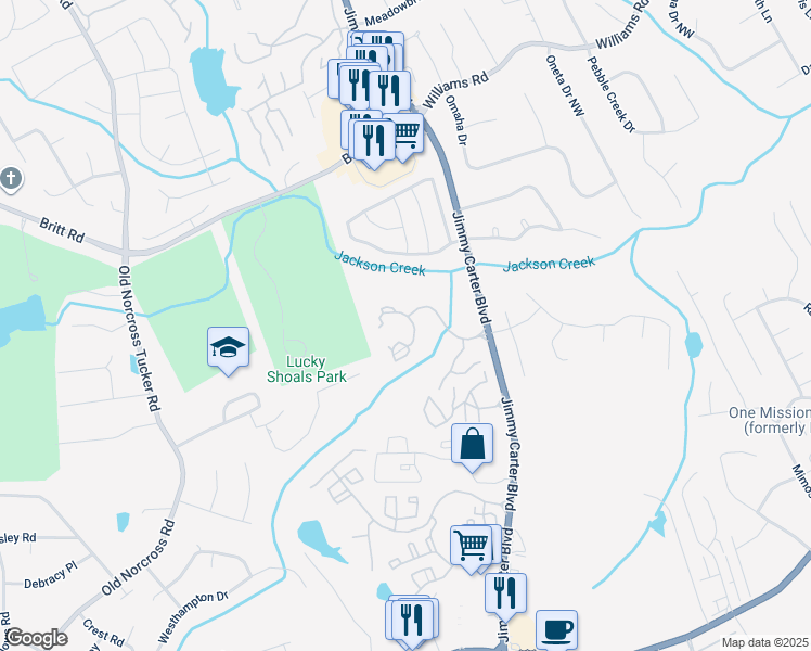 map of restaurants, bars, coffee shops, grocery stores, and more near 4350 Jimmy Carter Boulevard in Norcross