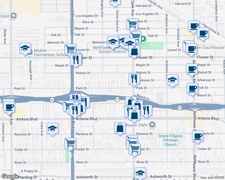 map of restaurants, bars, coffee shops, grocery stores, and more near 9226 Park Street in Bellflower
