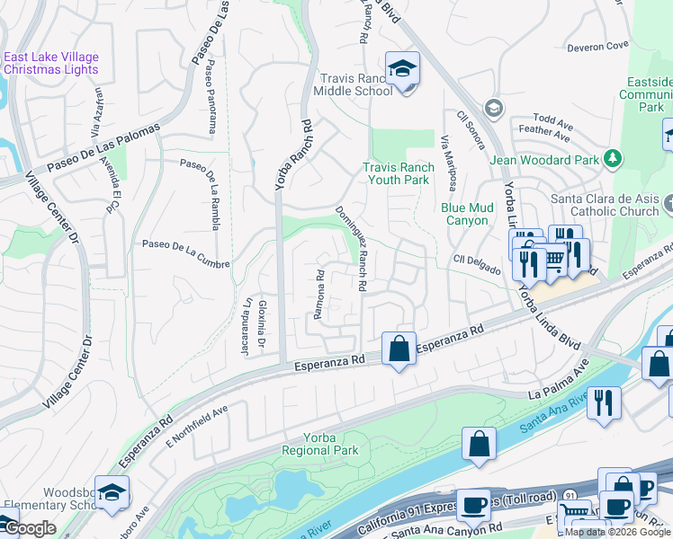 map of restaurants, bars, coffee shops, grocery stores, and more near 21141 Vía Canon in Yorba Linda