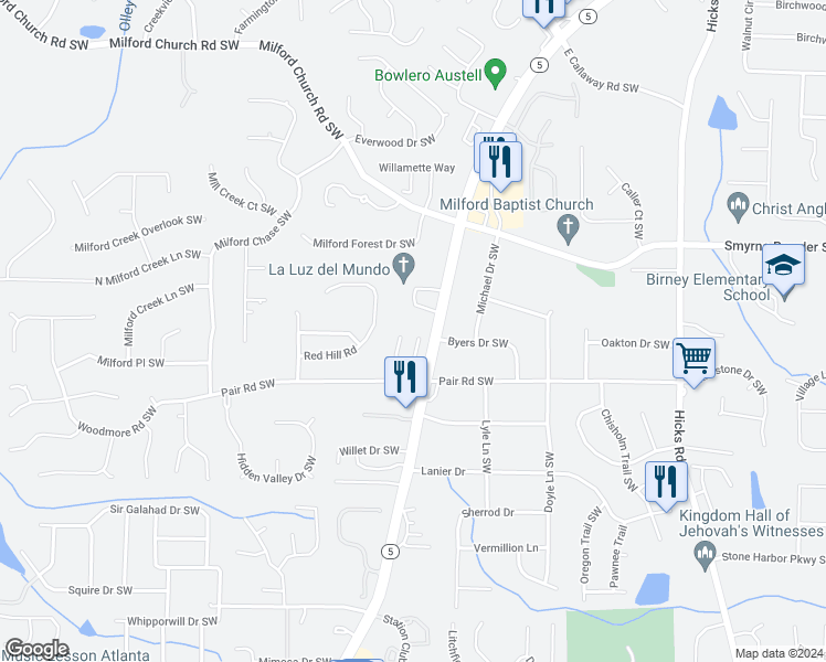 map of restaurants, bars, coffee shops, grocery stores, and more near 2902 Edgefield Court Southwest in Marietta