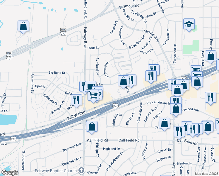 map of restaurants, bars, coffee shops, grocery stores, and more near 2 Saint Andrews Court in Wichita Falls