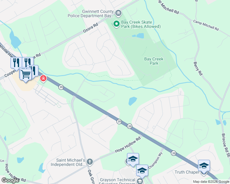 map of restaurants, bars, coffee shops, grocery stores, and more near 3010 Loganville Highway Southwest in Loganville