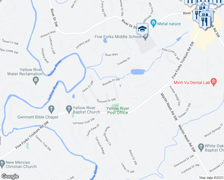 map of restaurants, bars, coffee shops, grocery stores, and more near 3447 Summie Drive Southwest in Lilburn