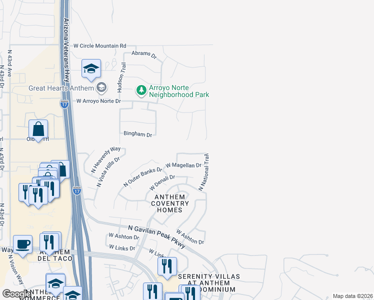 map of restaurants, bars, coffee shops, grocery stores, and more near 3556 West Magellan Drive in New River
