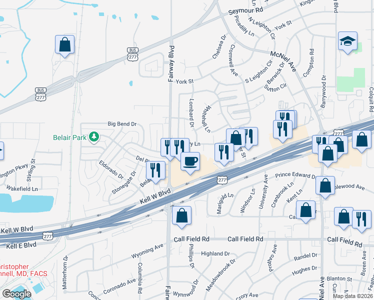 map of restaurants, bars, coffee shops, grocery stores, and more near 5 Charing Court in Wichita Falls