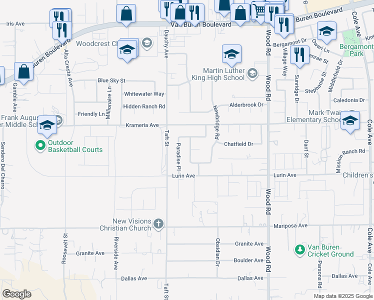 map of restaurants, bars, coffee shops, grocery stores, and more near 9503 Orleans Avenue in Riverside