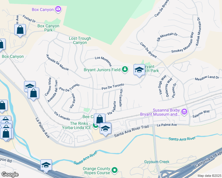 map of restaurants, bars, coffee shops, grocery stores, and more near 24659 Vía Melinda in Yorba Linda