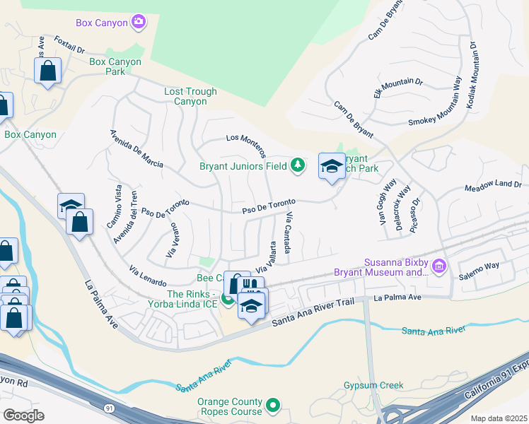 map of restaurants, bars, coffee shops, grocery stores, and more near 24659 Vía Melinda in Yorba Linda