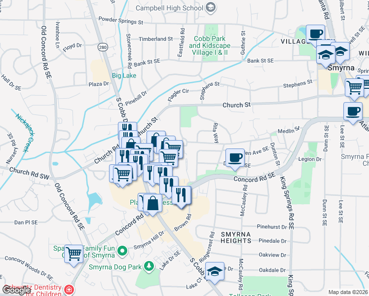 map of restaurants, bars, coffee shops, grocery stores, and more near 899 Concord Road Southeast in Smyrna