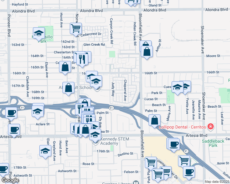 map of restaurants, bars, coffee shops, grocery stores, and more near 12422 Cuesta Drive in Cerritos