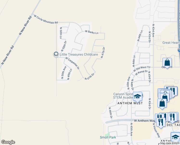 map of restaurants, bars, coffee shops, grocery stores, and more near 4906 West Carpenter Drive in Phoenix