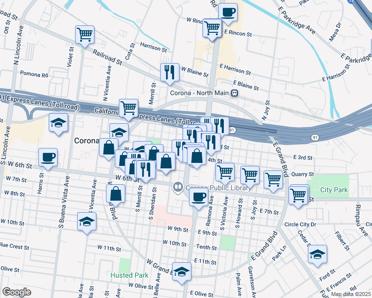 map of restaurants, bars, coffee shops, grocery stores, and more near in Corona