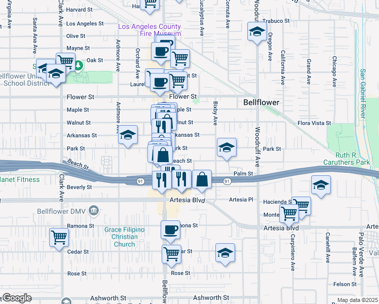 map of restaurants, bars, coffee shops, grocery stores, and more near 9845 1/2 Beach Street in Bellflower