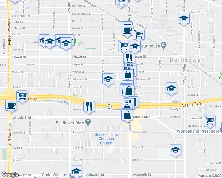 map of restaurants, bars, coffee shops, grocery stores, and more near 9626 Park Street in Bellflower