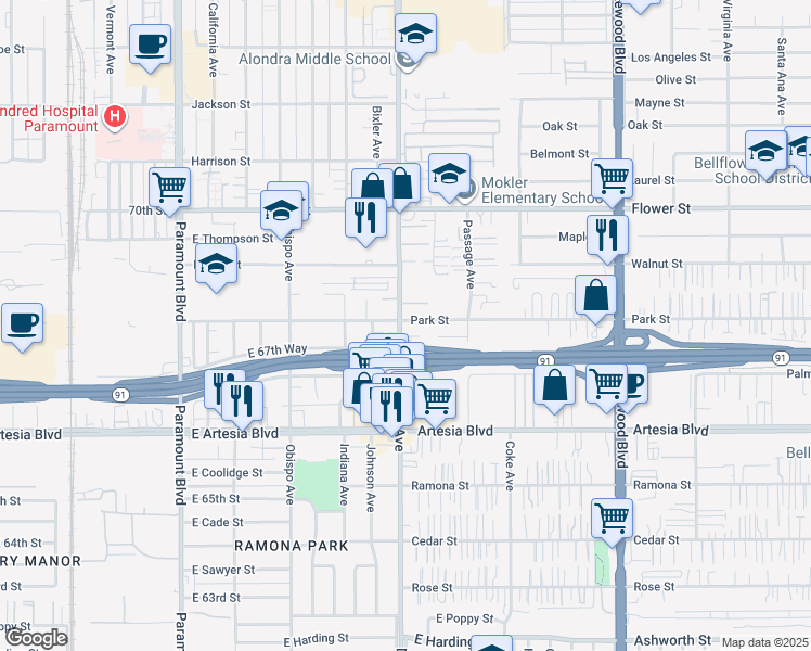 map of restaurants, bars, coffee shops, grocery stores, and more near 17118 Downey Avenue in Bellflower