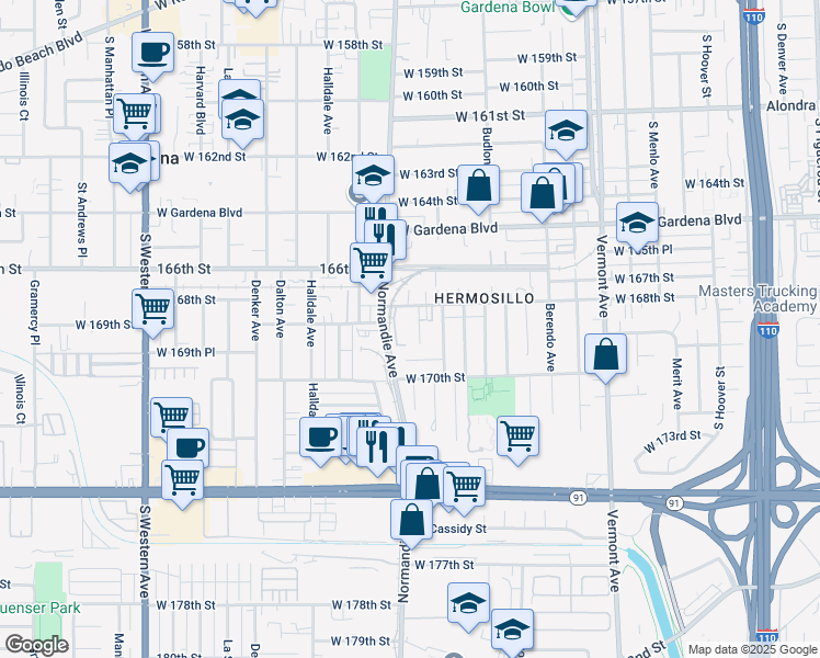 map of restaurants, bars, coffee shops, grocery stores, and more near 1346 Asher Court in Gardena