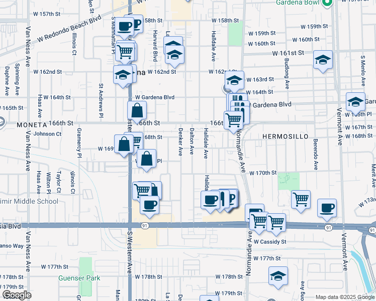 map of restaurants, bars, coffee shops, grocery stores, and more near 16926 Dalton Avenue in Gardena