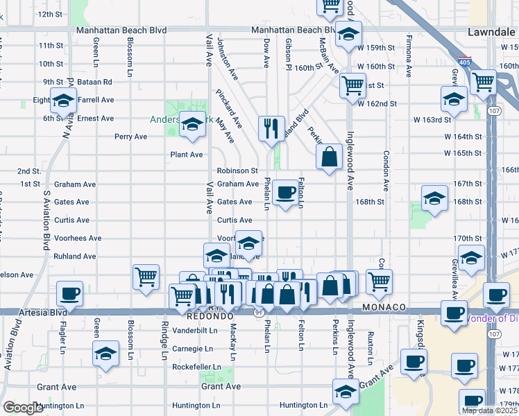 map of restaurants, bars, coffee shops, grocery stores, and more near 2422 Curtis Avenue in Redondo Beach