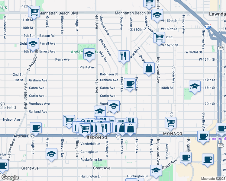 map of restaurants, bars, coffee shops, grocery stores, and more near 2404 Curtis Avenue in Redondo Beach