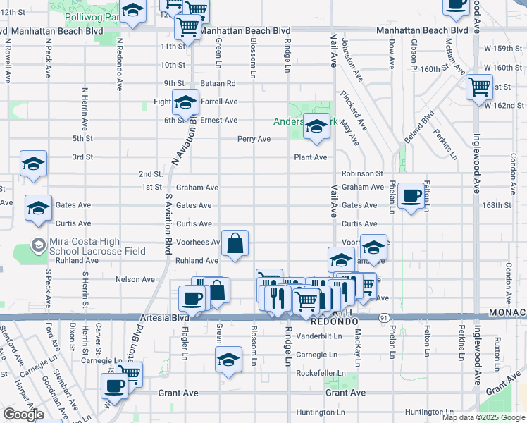 map of restaurants, bars, coffee shops, grocery stores, and more near 2111a Curtis Avenue in Redondo Beach
