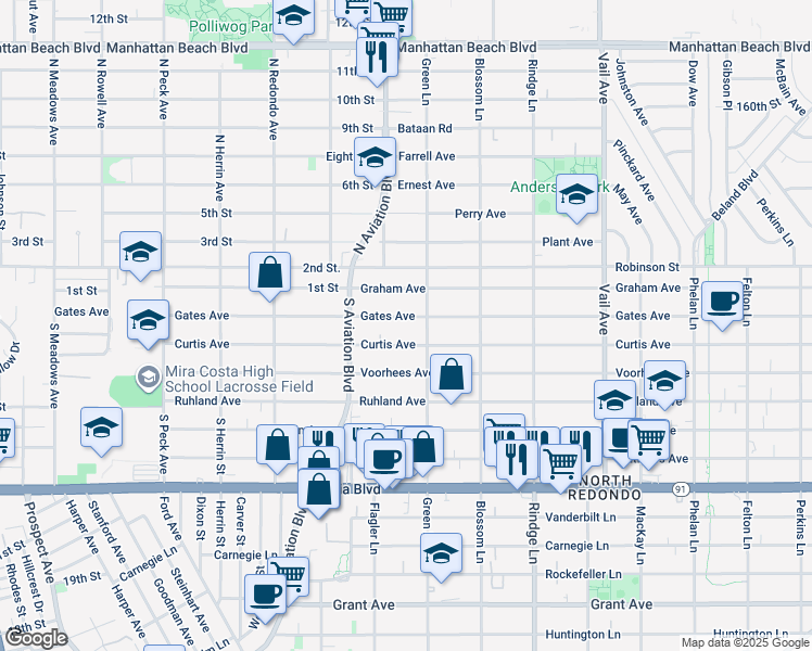 map of restaurants, bars, coffee shops, grocery stores, and more near 1918 Curtis Avenue in Redondo Beach