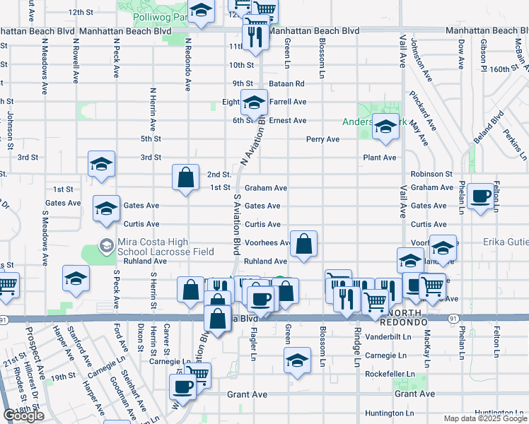 map of restaurants, bars, coffee shops, grocery stores, and more near 1918 Curtis Avenue in Redondo Beach