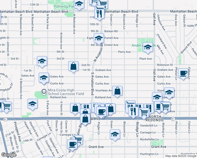 map of restaurants, bars, coffee shops, grocery stores, and more near 1918 Curtis Avenue in Redondo Beach