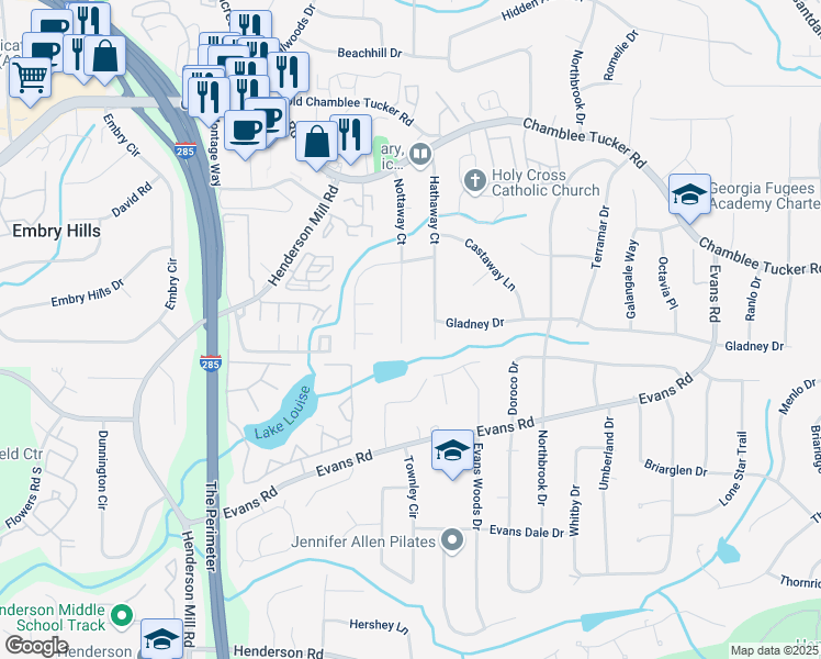 map of restaurants, bars, coffee shops, grocery stores, and more near 3059 Nottaway Court in Atlanta