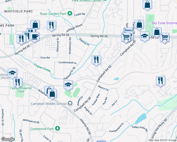 map of restaurants, bars, coffee shops, grocery stores, and more near 2534 Oakwood Way Southeast in Smyrna