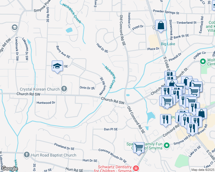map of restaurants, bars, coffee shops, grocery stores, and more near 2051 Harwinor Road Southeast in Smyrna