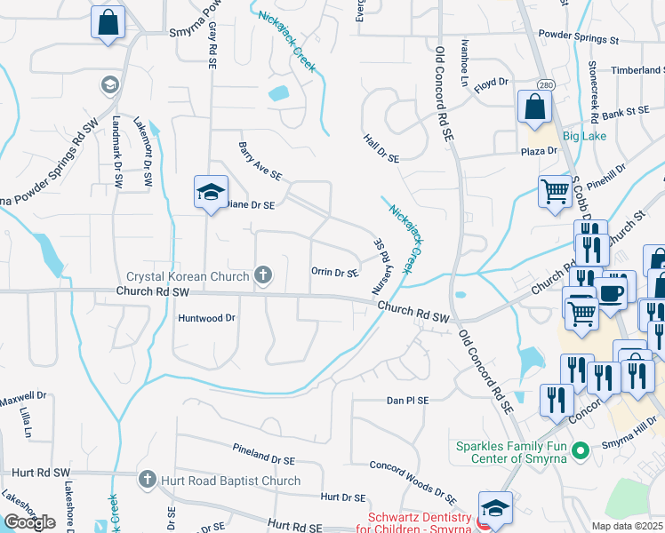 map of restaurants, bars, coffee shops, grocery stores, and more near 283 Norton Circle Southeast in Smyrna