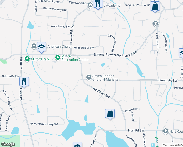 map of restaurants, bars, coffee shops, grocery stores, and more near 460 Church Road in Marietta