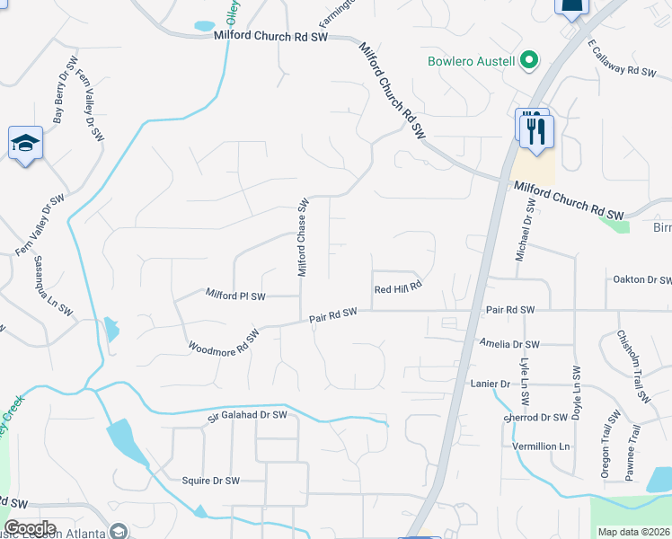 map of restaurants, bars, coffee shops, grocery stores, and more near 1609 Twin Courts Lane Southwest in Marietta