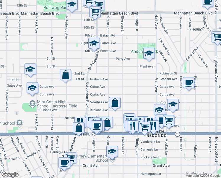 map of restaurants, bars, coffee shops, grocery stores, and more near 2002 Gates Avenue in Redondo Beach