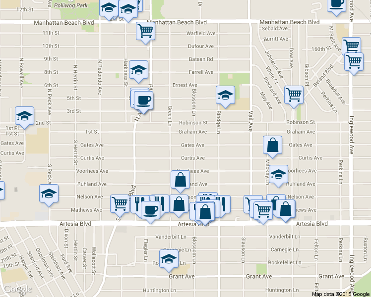 map of restaurants, bars, coffee shops, grocery stores, and more near 2014 Gates Avenue in Redondo Beach