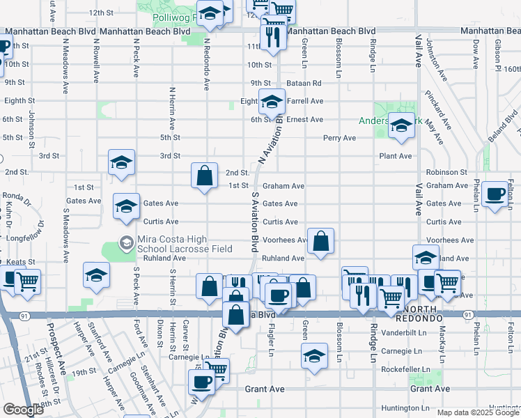 map of restaurants, bars, coffee shops, grocery stores, and more near 2508 Aviation Boulevard in Redondo Beach