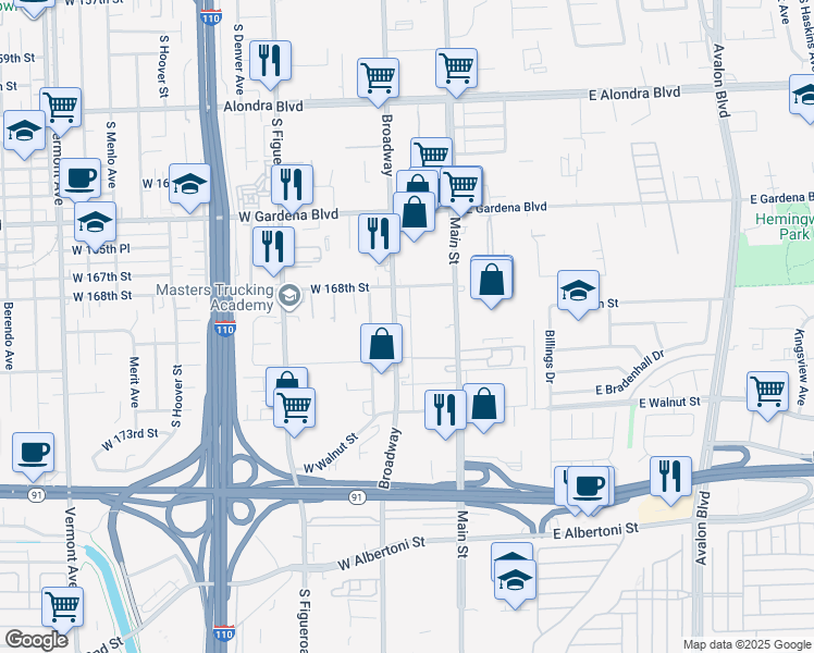 map of restaurants, bars, coffee shops, grocery stores, and more near 16908 South Broadway in Gardena