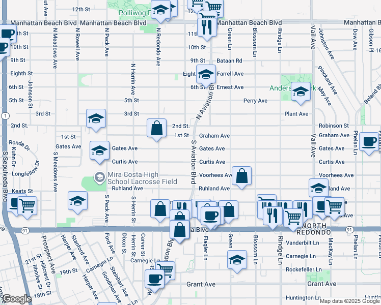 map of restaurants, bars, coffee shops, grocery stores, and more near 207 South Aviation Boulevard in Manhattan Beach