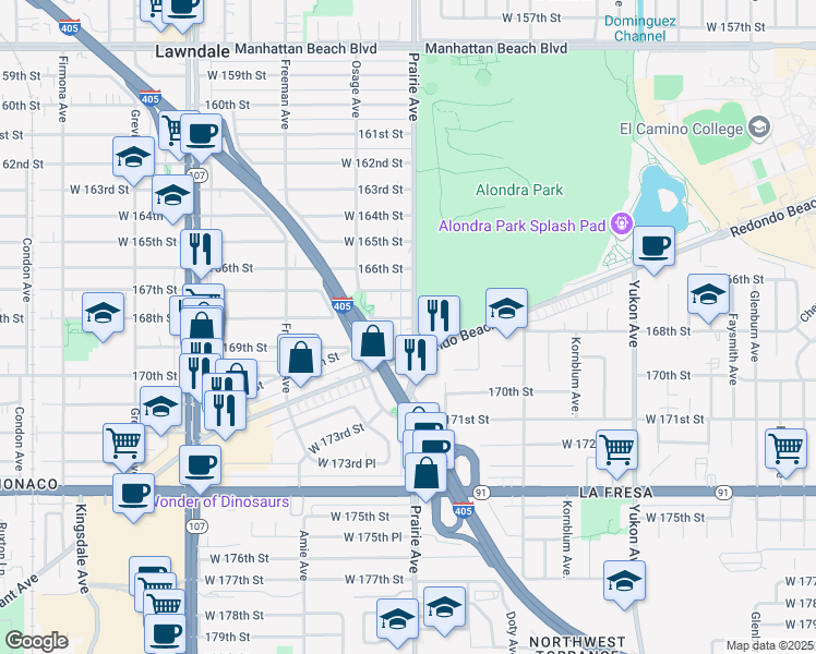 map of restaurants, bars, coffee shops, grocery stores, and more near 16809 Prairie Avenue in Lawndale