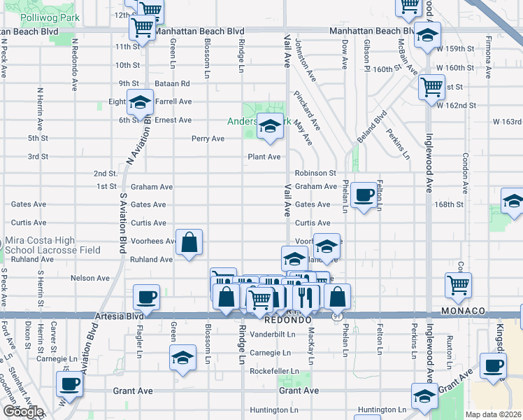 map of restaurants, bars, coffee shops, grocery stores, and more near 2212 Gates Avenue in Redondo Beach