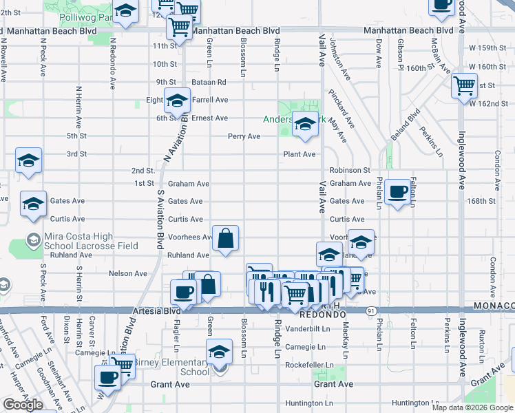 map of restaurants, bars, coffee shops, grocery stores, and more near 2111a Curtis Avenue in Redondo Beach