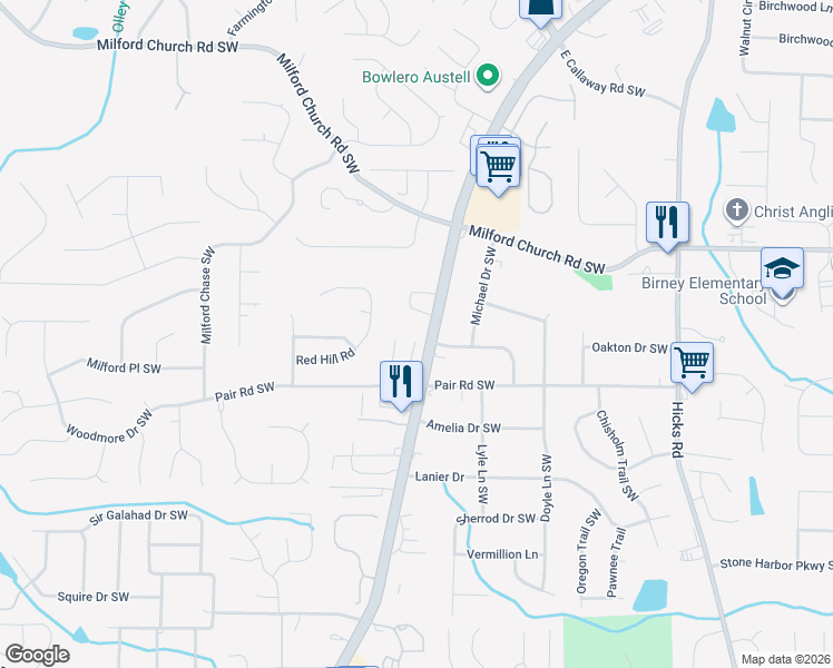map of restaurants, bars, coffee shops, grocery stores, and more near 2917 Edgefield Court Southwest in Marietta