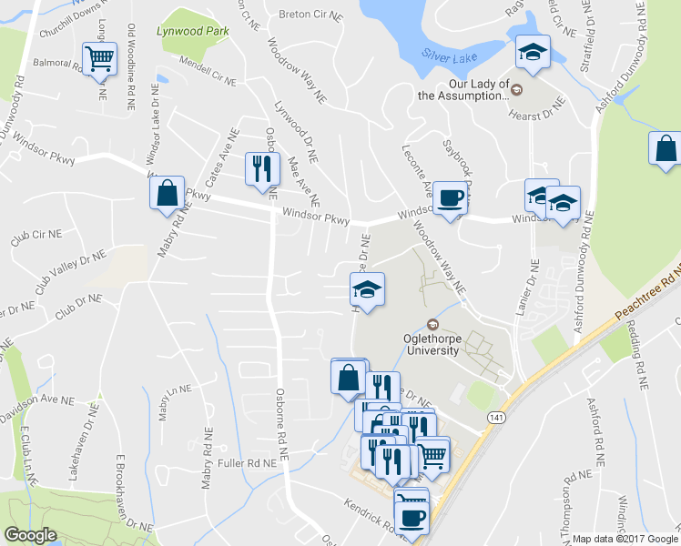 map of restaurants, bars, coffee shops, grocery stores, and more near 1217 Club Walk Drive Northeast in Atlanta