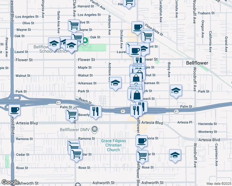 map of restaurants, bars, coffee shops, grocery stores, and more near 9626 Park Street in Bellflower