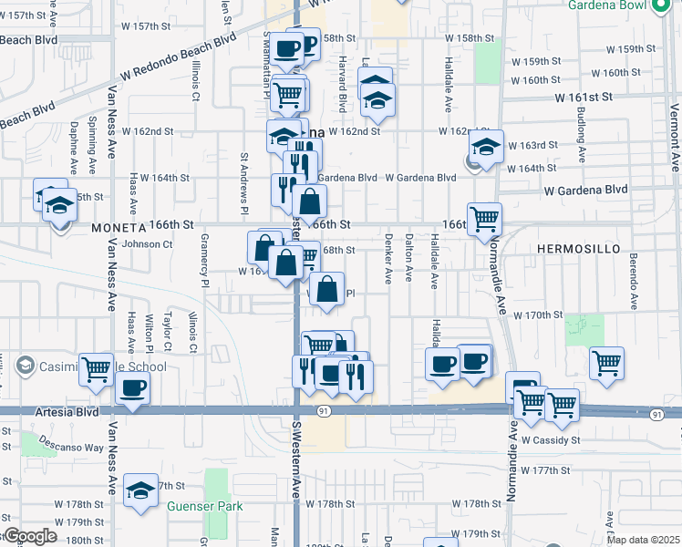 map of restaurants, bars, coffee shops, grocery stores, and more near 16907 Harvard Boulevard in Gardena