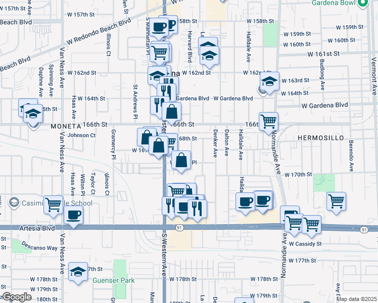 map of restaurants, bars, coffee shops, grocery stores, and more near 16907 Harvard Boulevard in Gardena