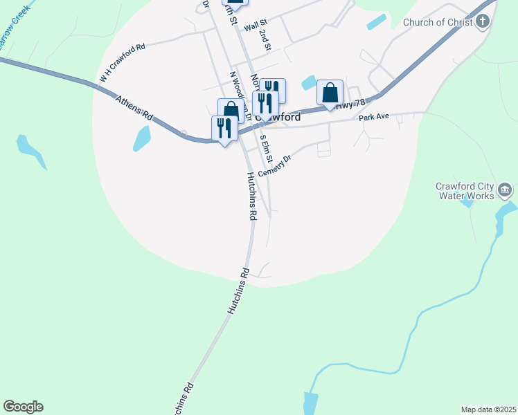 map of restaurants, bars, coffee shops, grocery stores, and more near 364 South Broad Street in Crawford