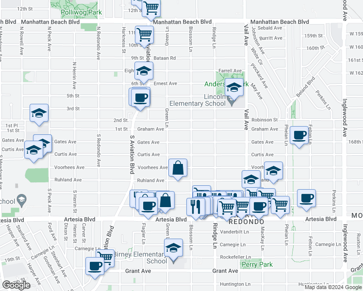 map of restaurants, bars, coffee shops, grocery stores, and more near 2014 Gates Avenue in Redondo Beach