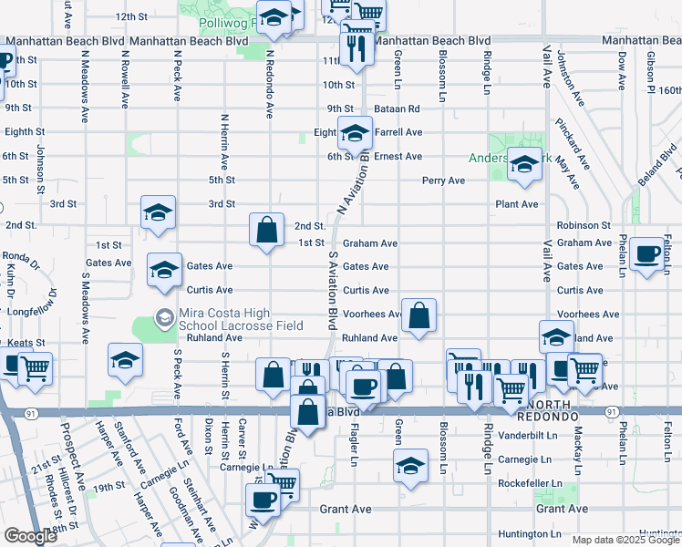 map of restaurants, bars, coffee shops, grocery stores, and more near 1902 Gates Avenue in Redondo Beach
